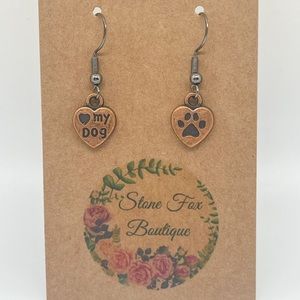 Bronze Toned Sterling Silver Hook Wire Earrings with Heart Dog Novelty Charms.